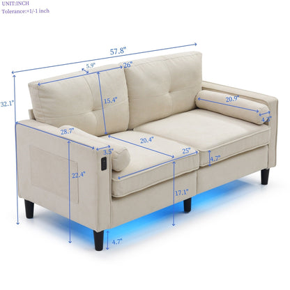Beige Modern 57.87 Linen Loveseat Sofa with LED Lights and 2 USB Ports for Living Room
