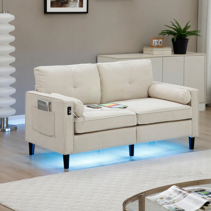 Beige Modern 57.87 Linen Loveseat Sofa with LED Lights and 2 USB Ports for Living Room