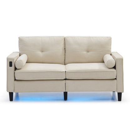 Beige Modern 57.87 Linen Loveseat Sofa with LED Lights and 2 USB Ports for Living Room
