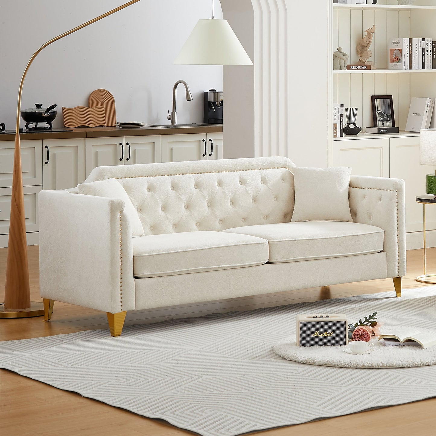Beige Modern 61.5 Chenille 3-seater Buttons Tufted Sofa with Copper Nail Decoration Armrest and 2 Pillows for Living Room