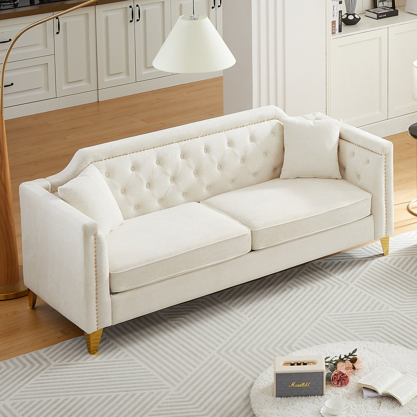 Beige Modern 61.5 Chenille 3-seater Buttons Tufted Sofa with Copper Nail Decoration Armrest and 2 Pillows for Living Room