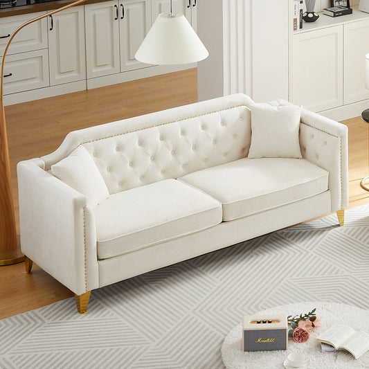 Beige Modern 61.5 Chenille 3-seater Buttons Tufted Sofa with Copper Nail Decoration Armrest and 2 Pillows for Living Room