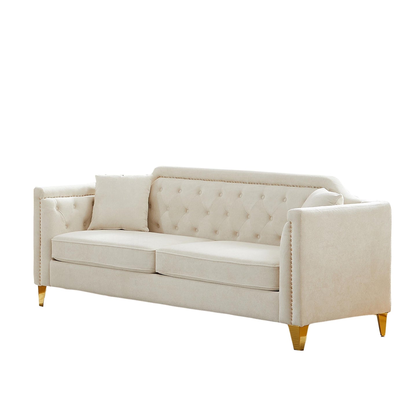 Beige Modern 61.5 Chenille 3-seater Buttons Tufted Sofa with Copper Nail Decoration Armrest and 2 Pillows for Living Room