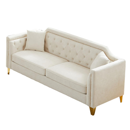 Beige Modern 61.5 Chenille 3-seater Buttons Tufted Sofa with Copper Nail Decoration Armrest and 2 Pillows for Living Room