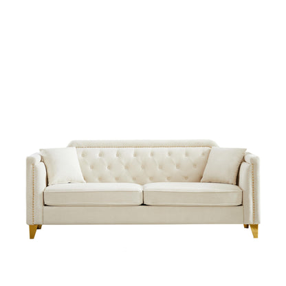 Beige Modern 61.5 Chenille 3-seater Buttons Tufted Sofa with Copper Nail Decoration Armrest and 2 Pillows for Living Room