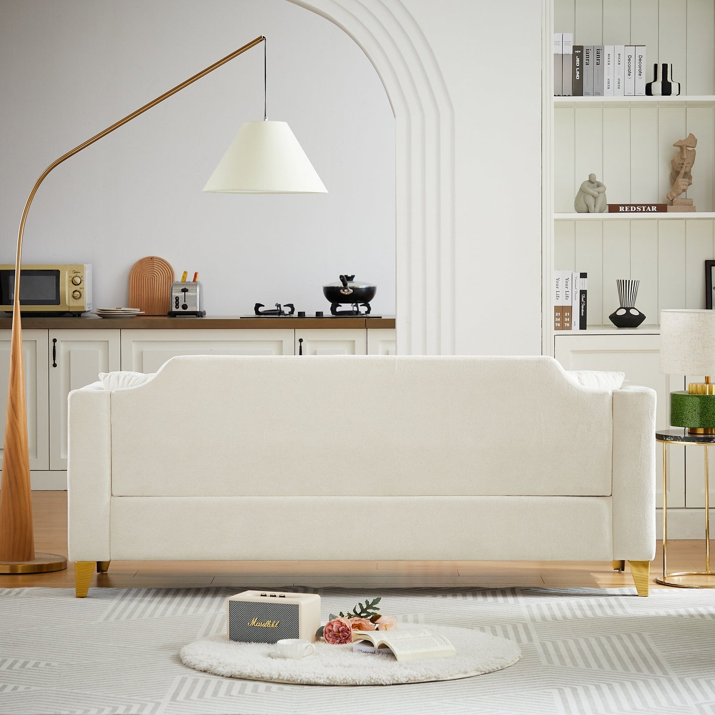Beige Modern 61.5 Chenille 3-seater Buttons Tufted Sofa with Copper Nail Decoration Armrest and 2 Pillows for Living Room