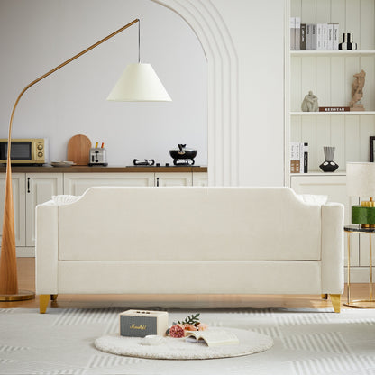 Beige Modern 61.5 Chenille 3-seater Buttons Tufted Sofa with Copper Nail Decoration Armrest and 2 Pillows for Living Room