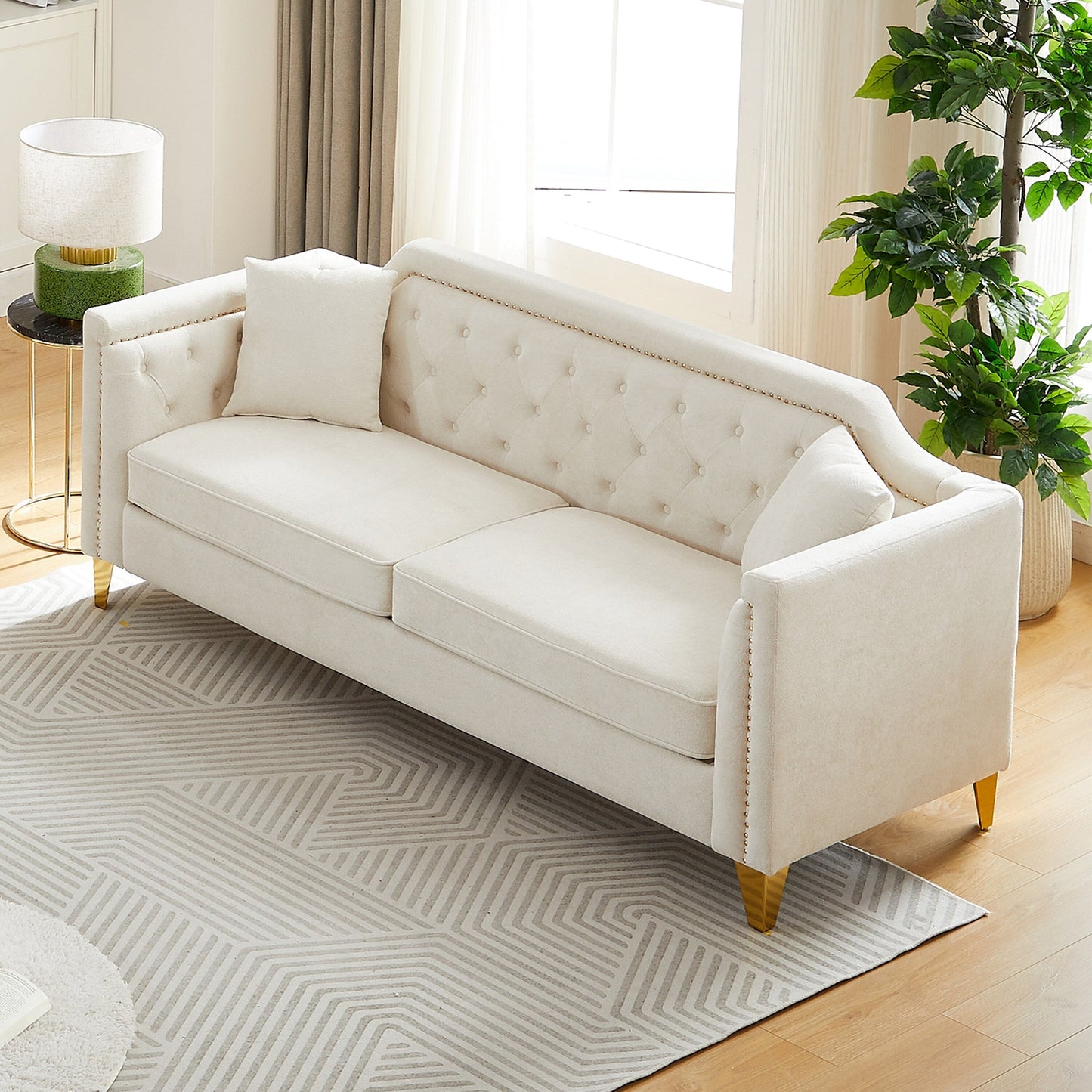 Beige Modern 61.5 Chenille 3-seater Buttons Tufted Sofa with Copper Nail Decoration Armrest and 2 Pillows for Living Room