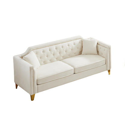 Beige Modern 61.5 Chenille 3-seater Buttons Tufted Sofa with Copper Nail Decoration Armrest and 2 Pillows for Living Room