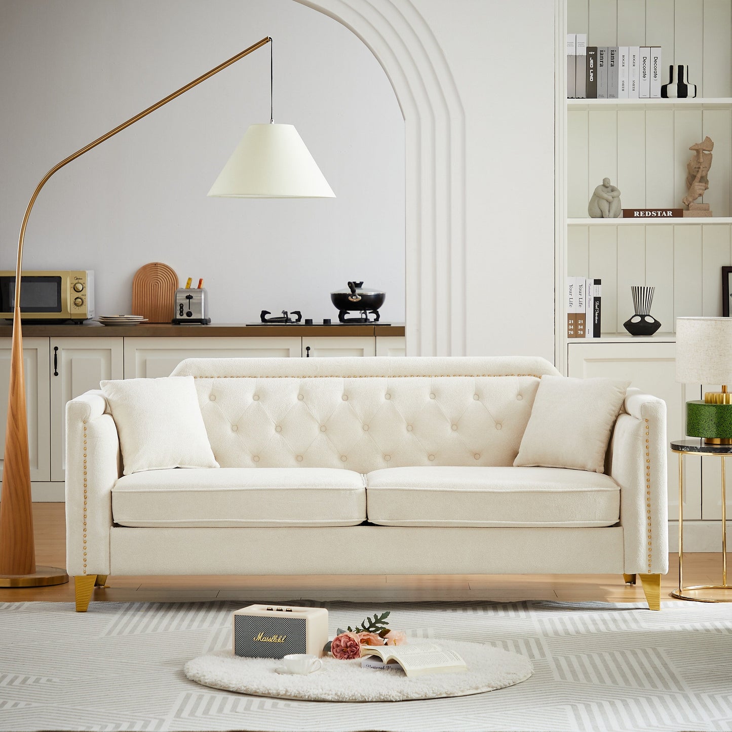 Beige Modern 61.5 Chenille 3-seater Buttons Tufted Sofa with Copper Nail Decoration Armrest and 2 Pillows for Living Room