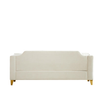 Beige Modern 61.5 Chenille 3-seater Buttons Tufted Sofa with Copper Nail Decoration Armrest and 2 Pillows for Living Room