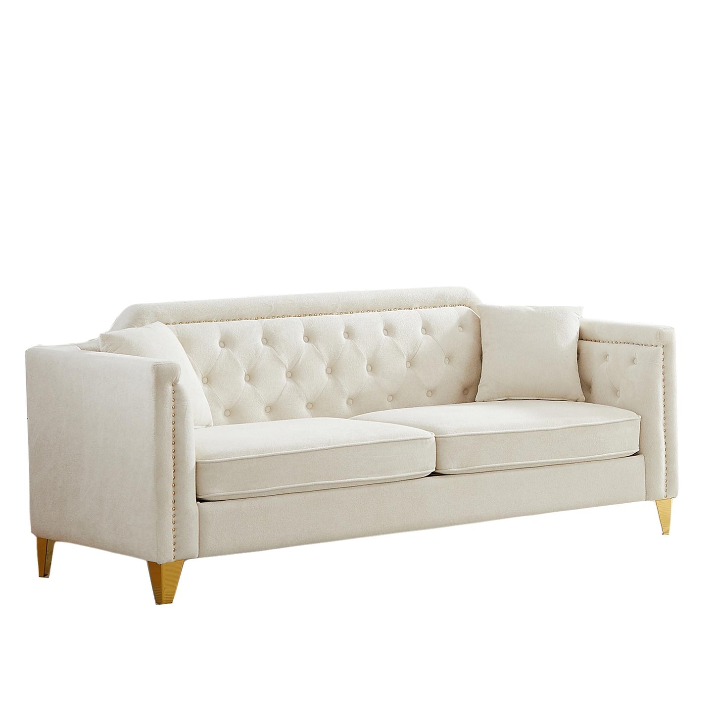 Beige Modern 61.5 Chenille 3-seater Buttons Tufted Sofa with Copper Nail Decoration Armrest and 2 Pillows for Living Room