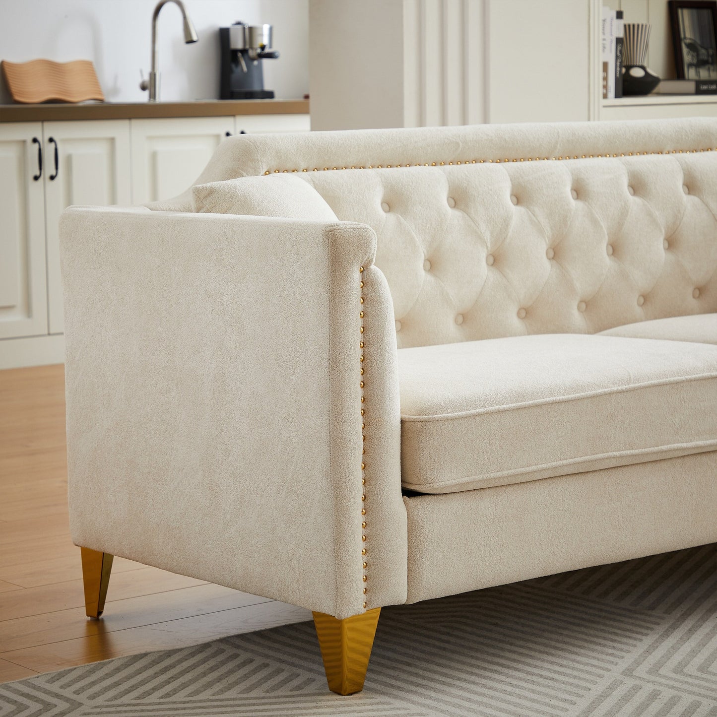 Beige Modern 61.5 Chenille 3-seater Buttons Tufted Sofa with Copper Nail Decoration Armrest and 2 Pillows for Living Room