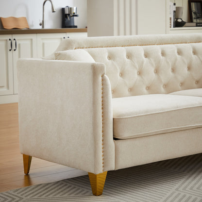 Beige Modern 61.5 Chenille 3-seater Buttons Tufted Sofa with Copper Nail Decoration Armrest and 2 Pillows for Living Room