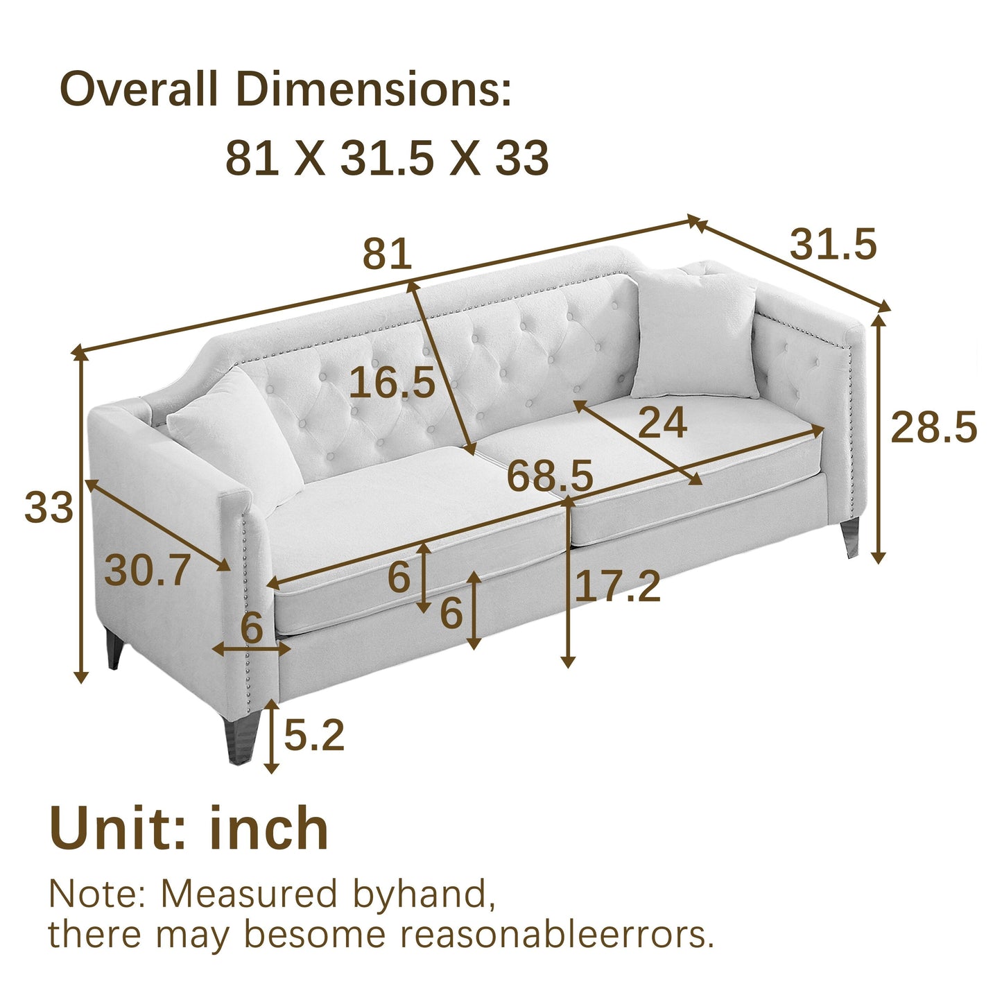 Beige Modern 61.5 Chenille 3-seater Buttons Tufted Sofa with Copper Nail Decoration Armrest and 2 Pillows for Living Room
