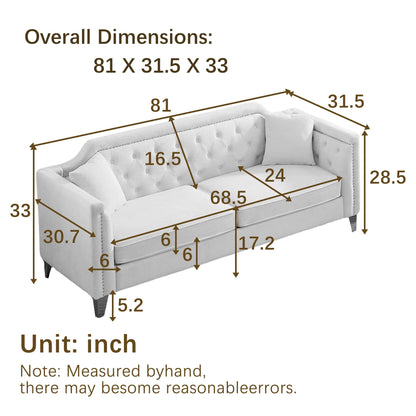 Beige Modern 61.5 Chenille 3-seater Buttons Tufted Sofa with Copper Nail Decoration Armrest and 2 Pillows for Living Room