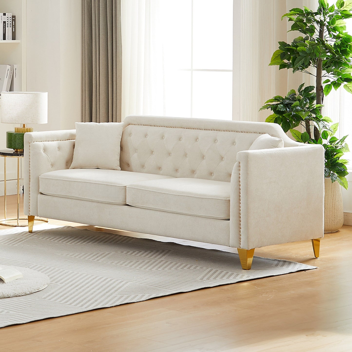 Beige Modern 61.5 Chenille 3-seater Buttons Tufted Sofa with Copper Nail Decoration Armrest and 2 Pillows for Living Room