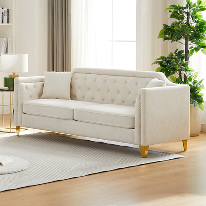 Beige Modern 61.5 Chenille 3-seater Buttons Tufted Sofa with Copper Nail Decoration Armrest and 2 Pillows for Living Room