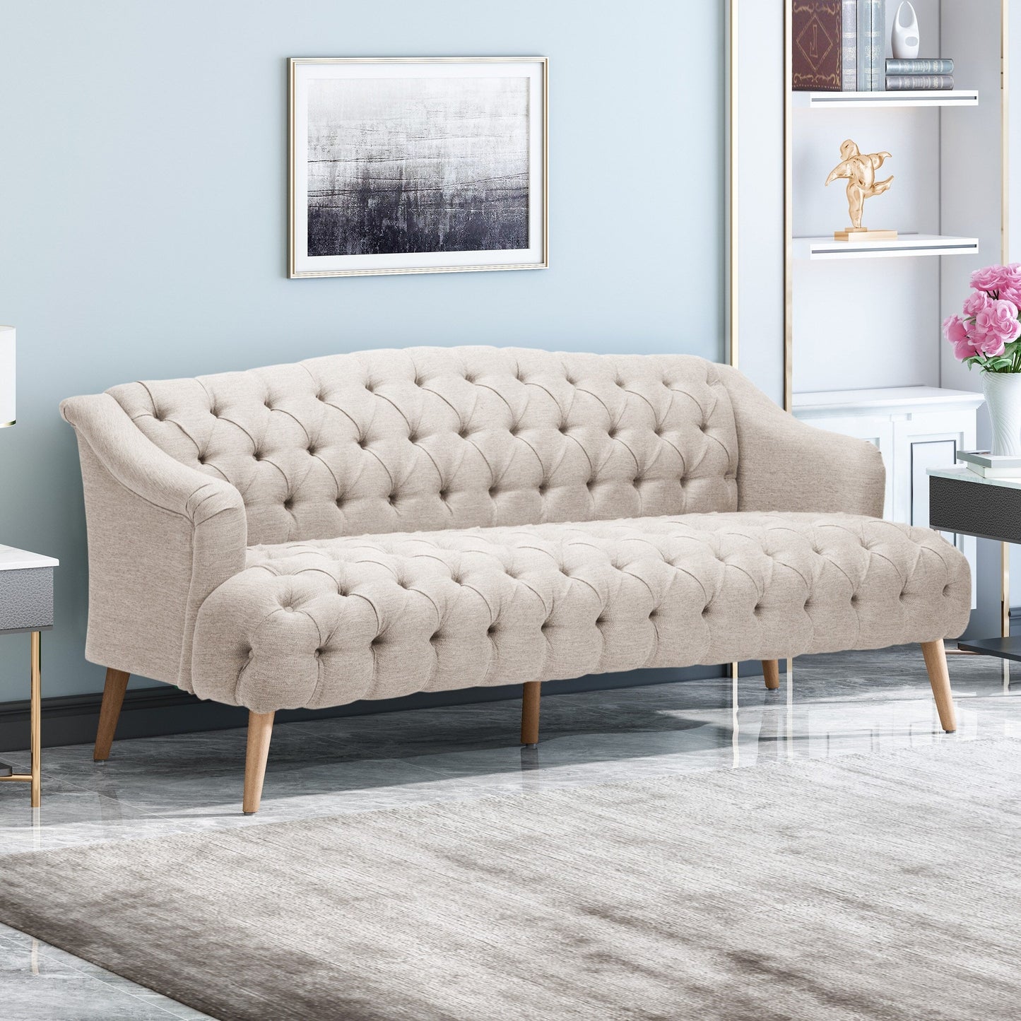 Beige Modern 73.25 Button Tufted 3-seater Sofa with Birch Wood Legs for Living Room