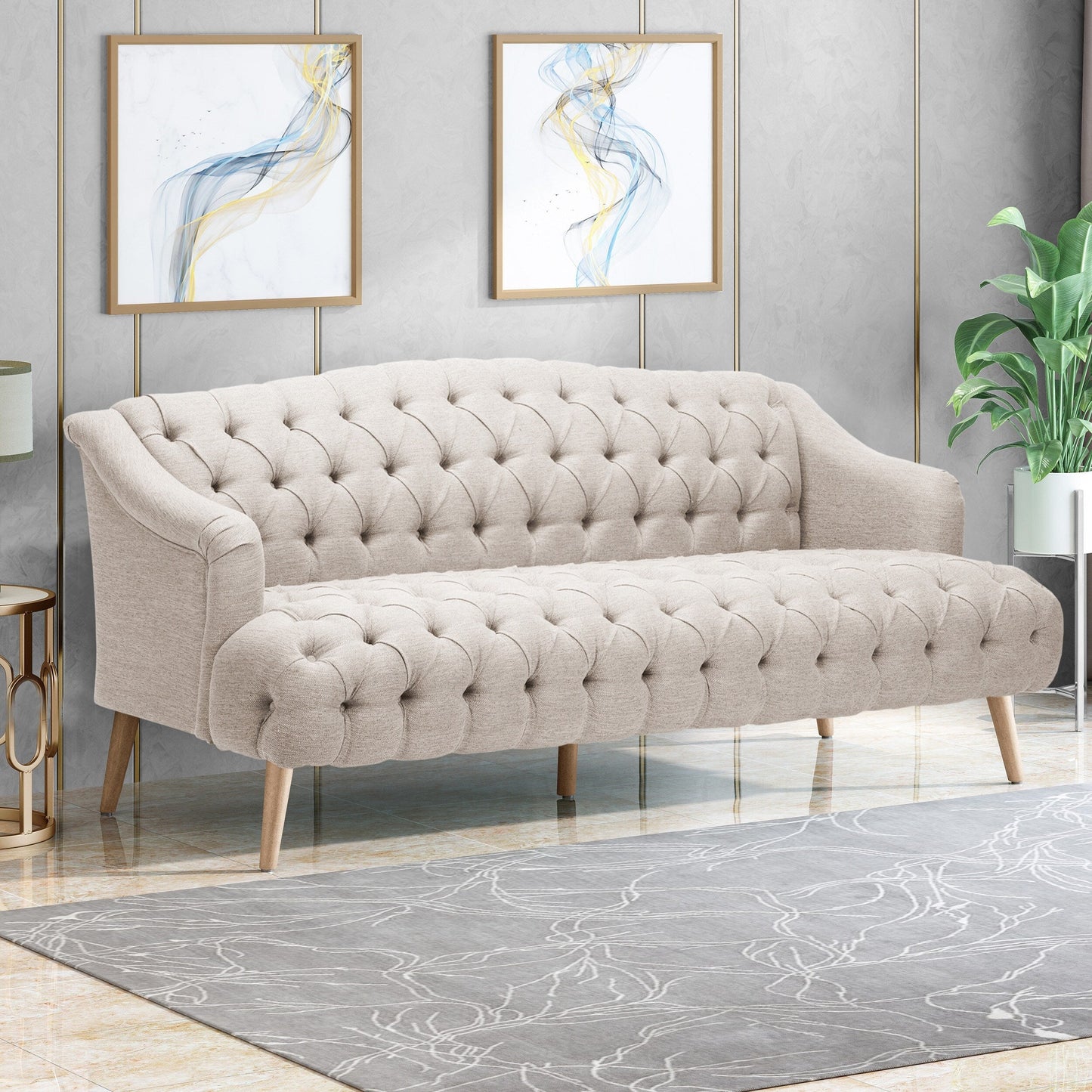 Beige Modern 73.25 Button Tufted 3-seater Sofa with Birch Wood Legs for Living Room