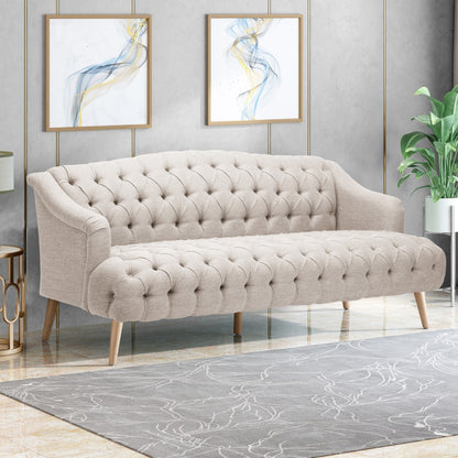 Beige Modern 73.25 Button Tufted 3-seater Sofa with Birch Wood Legs for Living Room