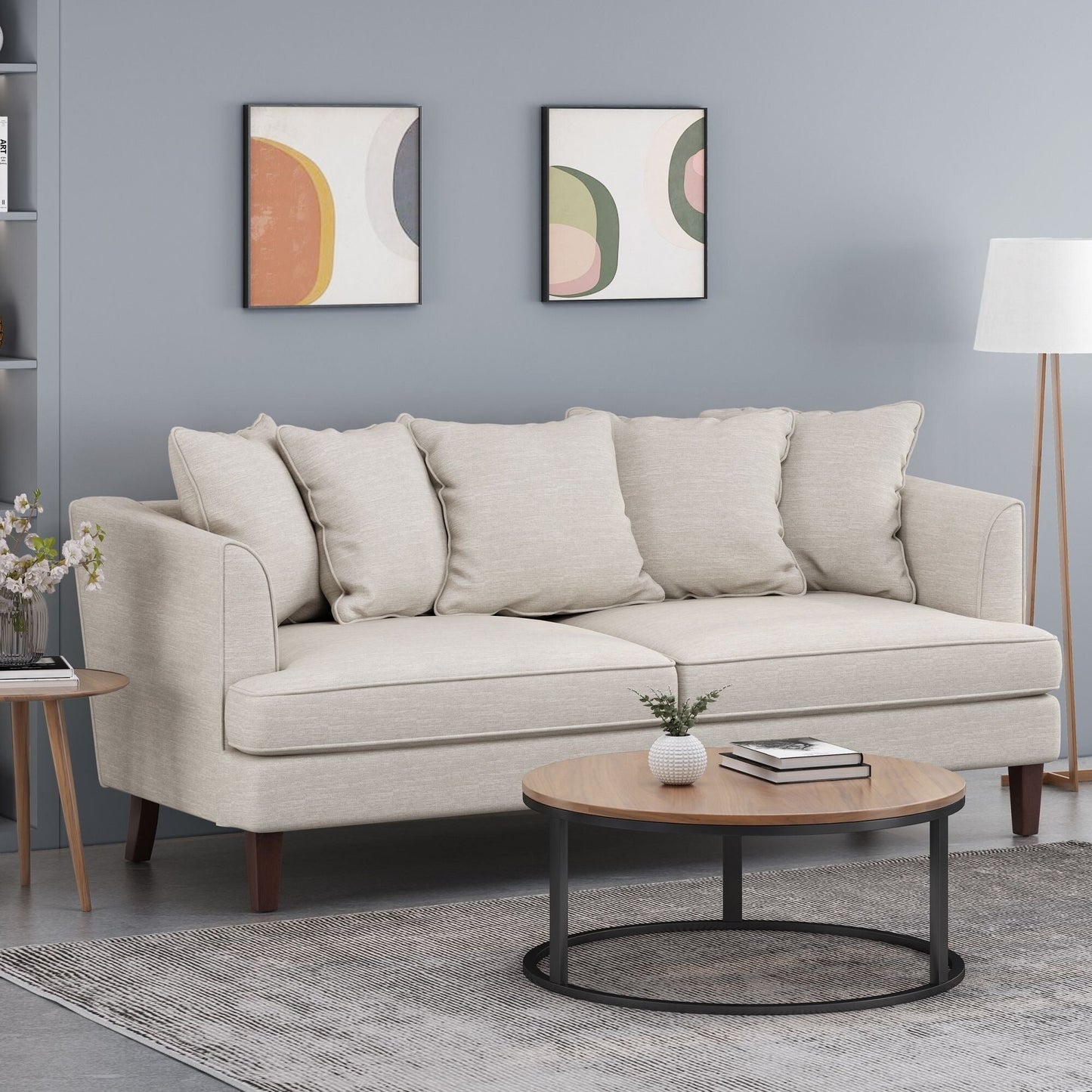 Beige Modern 73.5 Loveseat Upholstered Sofa with Pillows amd Wood Legs for Living Room