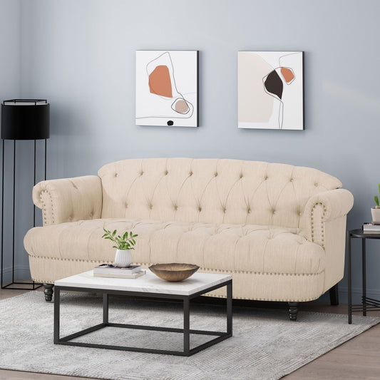 Beige Modern 74 3-seater Tufted Sofa with Nailhead and Wood Legs for Living Room