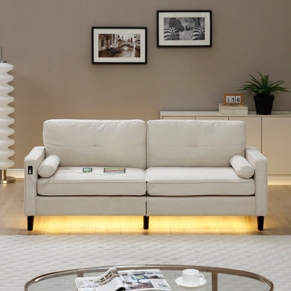 Beige Modern 75.2 Linen 3-seater Sofa with LED Lights and 2 USB Ports for Living Room