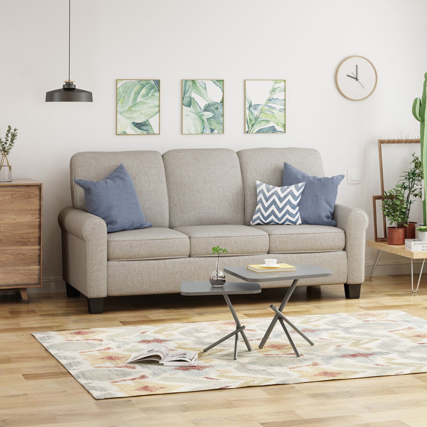 Beige Modern 75.5 3-seater Sofa with Overstuffed Cushions and Tapered Black Legs for Living Room