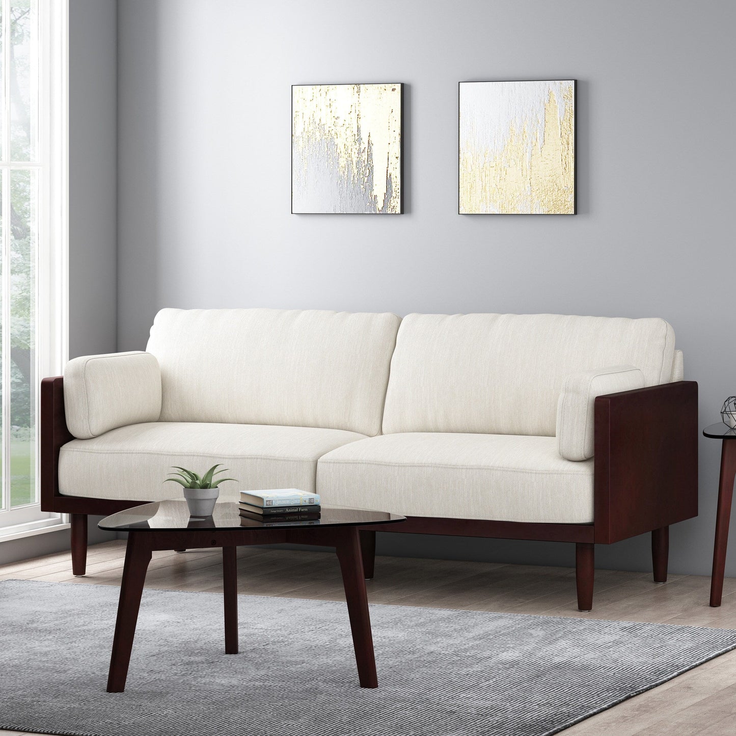 Beige Modern 77.25 3-seater Sofa with Wood Legs and Exposed Wood Frame for Living Room