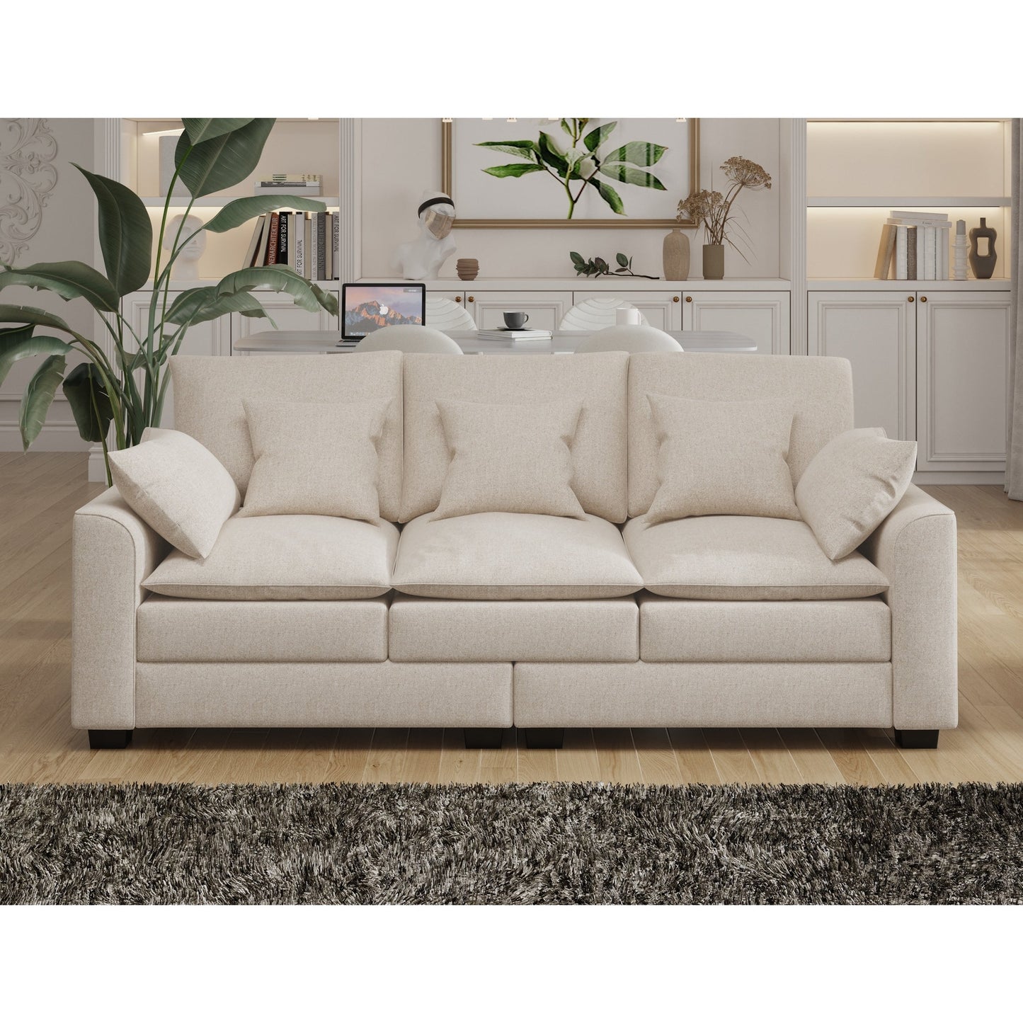 Beige Modern 78.7 Polyester 3-seater Sofa with Pillows and Solid Wood Legs for Living Room