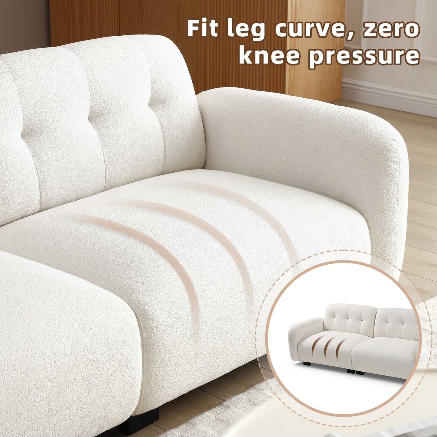 Beige Modern 81.48 Teddy 3-seater Deep Seat Sofa with Wooden Legs and Upholstered for Living Room