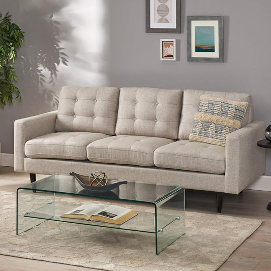 Beige Modern 82.75 Button Tufted 3-seater Sofa with Birch Wood Legs for Living Room