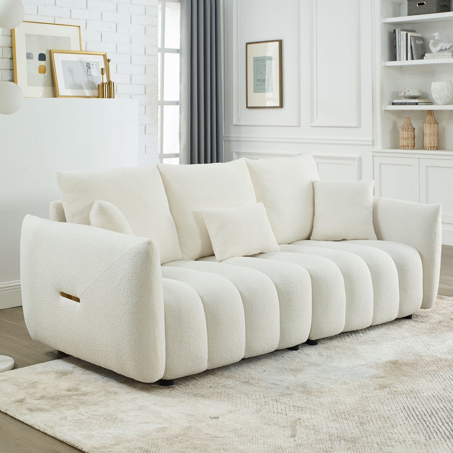 Beige Modern 82 Fabric 3 Seater Sofa Couch with Solid Wood Frame, High-Resilience Foam Cushions, and 3 Back Pillows