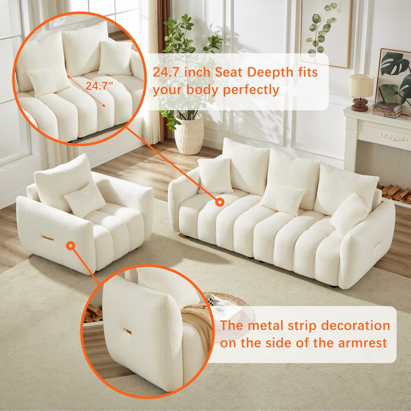 Beige Modern 82 Fabric 3 Seater Sofa Couch with Solid Wood Frame, High-Resilience Foam Cushions, and 3 Back Pillows
