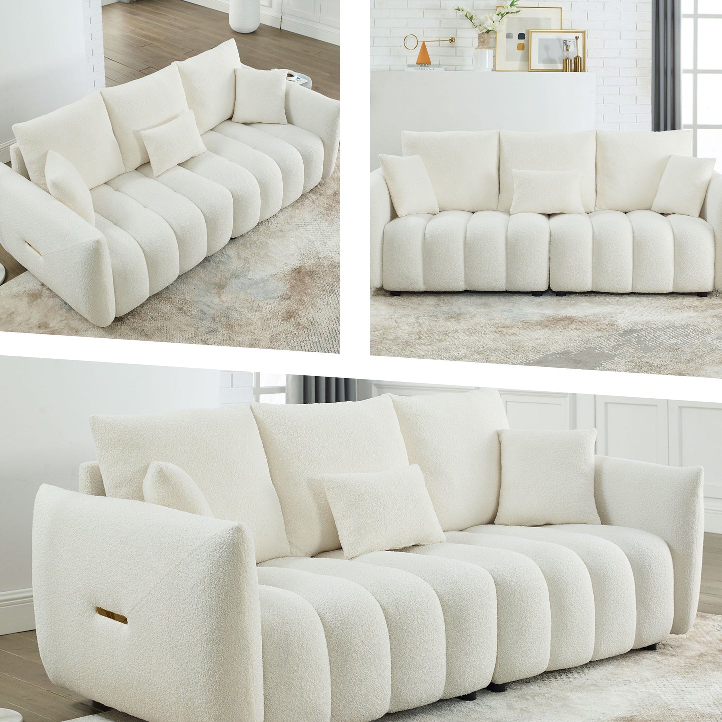 Beige Modern 82 Fabric 3 Seater Sofa Couch with Solid Wood Frame, High-Resilience Foam Cushions, and 3 Back Pillows