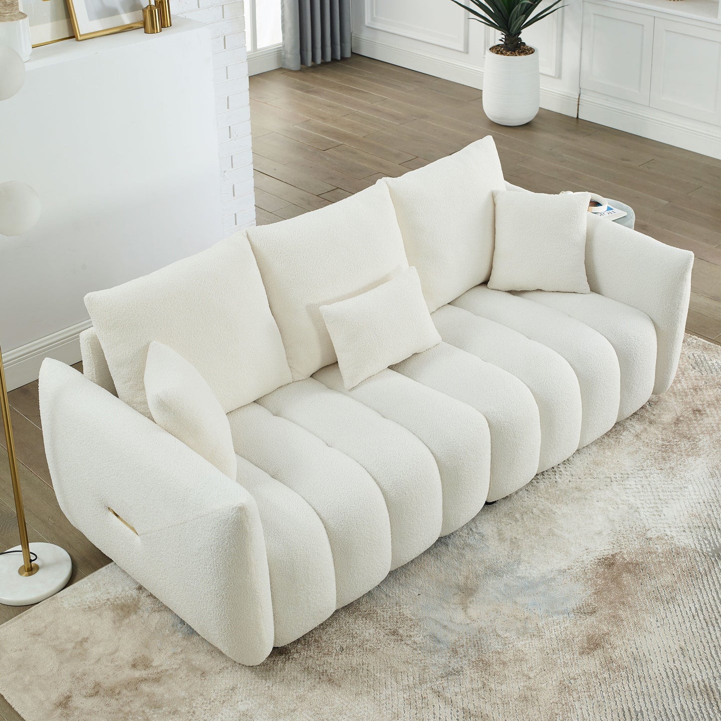 Beige Modern 82 Fabric 3 Seater Sofa Couch with Solid Wood Frame, High-Resilience Foam Cushions, and 3 Back Pillows
