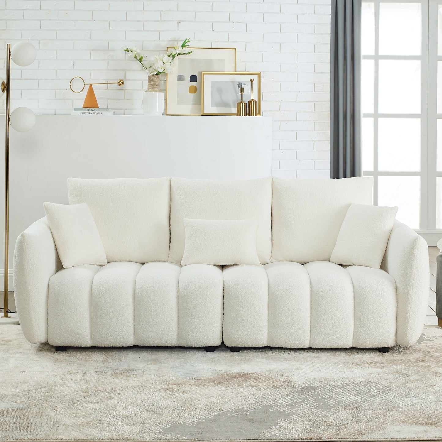 Beige Modern 82 Fabric 3 Seater Sofa Couch with Solid Wood Frame, High-Resilience Foam Cushions, and 3 Back Pillows