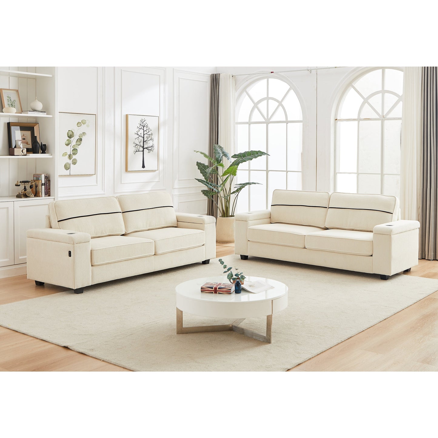 Beige Modern 86.5 Corduroy 3-seater Sofa with Two Storage Spaces and USB Charging Ports and 2 Cup Holders