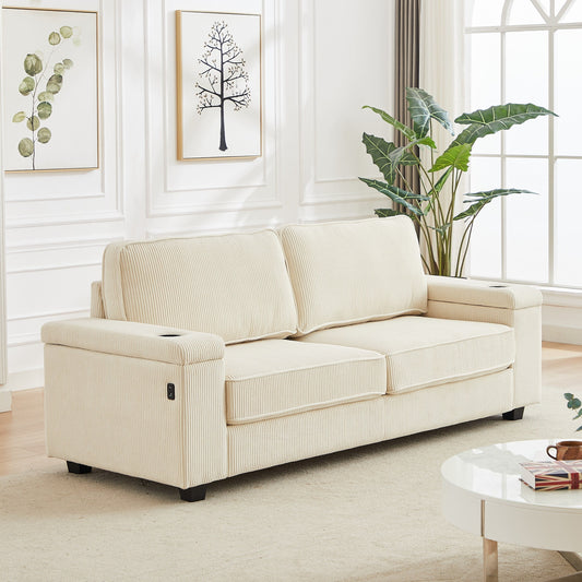 Beige Modern 86.5 Corduroy 3-seater Sofa with Two Storage Spaces and USB Charging Ports and 2 Cup Holders
