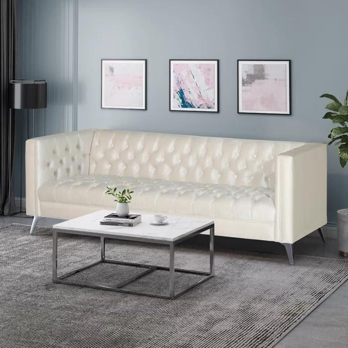Beige Modern 86.75 Faux Leather Button Tufted 3-seater Sofa with Smooth T-shaped Iron Legs for Living Room