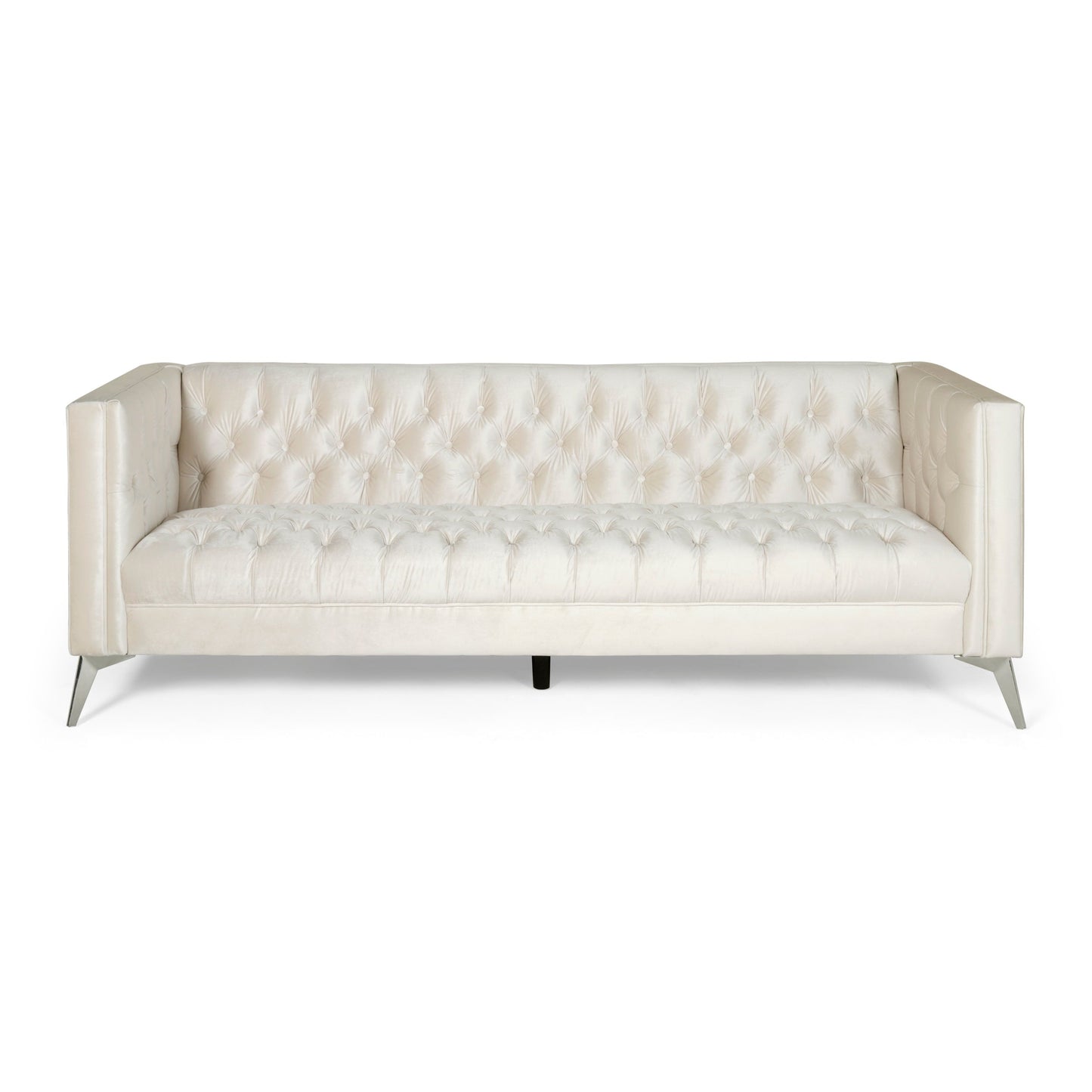 Beige Modern 86.75 Faux Leather Button Tufted 3-seater Sofa with Smooth T-shaped Iron Legs for Living Room