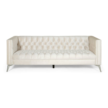 Beige Modern 86.75 Faux Leather Button Tufted 3-seater Sofa with Smooth T-shaped Iron Legs for Living Room