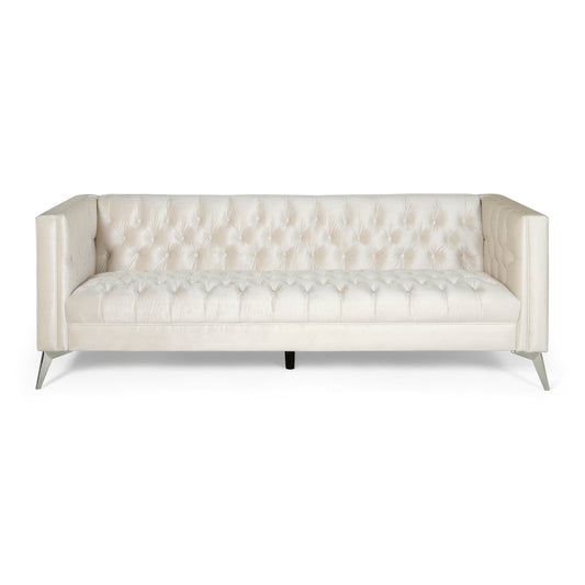 Beige Modern 86.75 Faux Leather Button Tufted 3-seater Sofa with Smooth T-shaped Iron Legs for Living Room