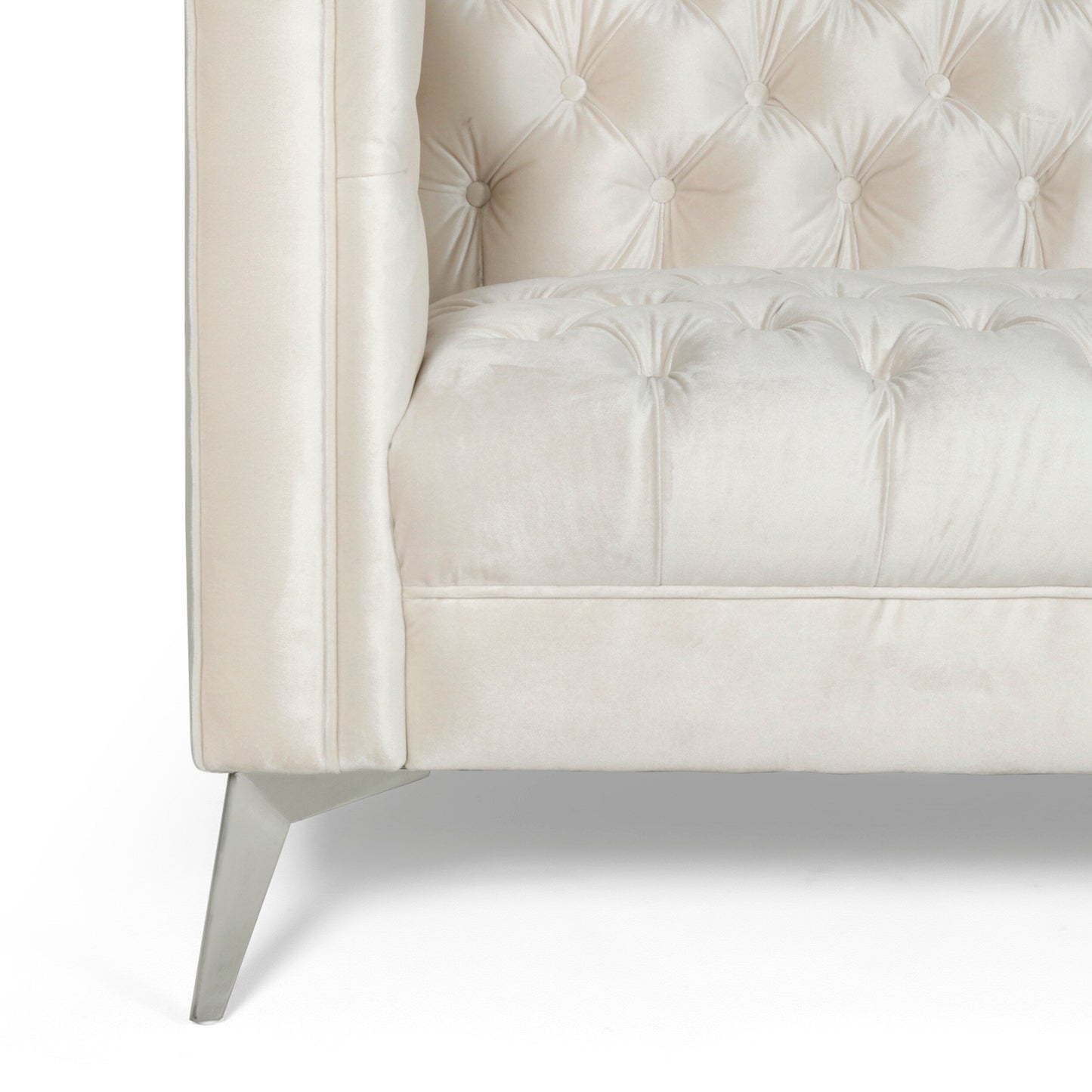 Beige Modern 86.75 Faux Leather Button Tufted 3-seater Sofa with Smooth T-shaped Iron Legs for Living Room