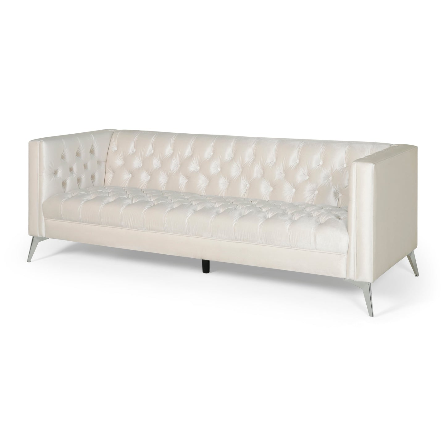 Beige Modern 86.75 Faux Leather Button Tufted 3-seater Sofa with Smooth T-shaped Iron Legs for Living Room