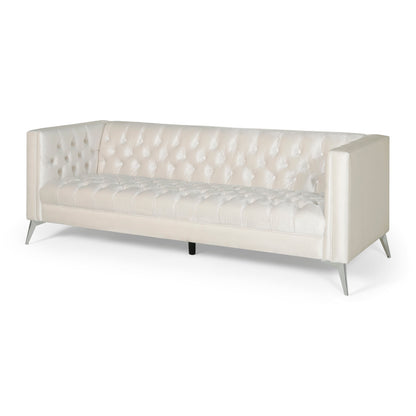 Beige Modern 86.75 Faux Leather Button Tufted 3-seater Sofa with Smooth T-shaped Iron Legs for Living Room