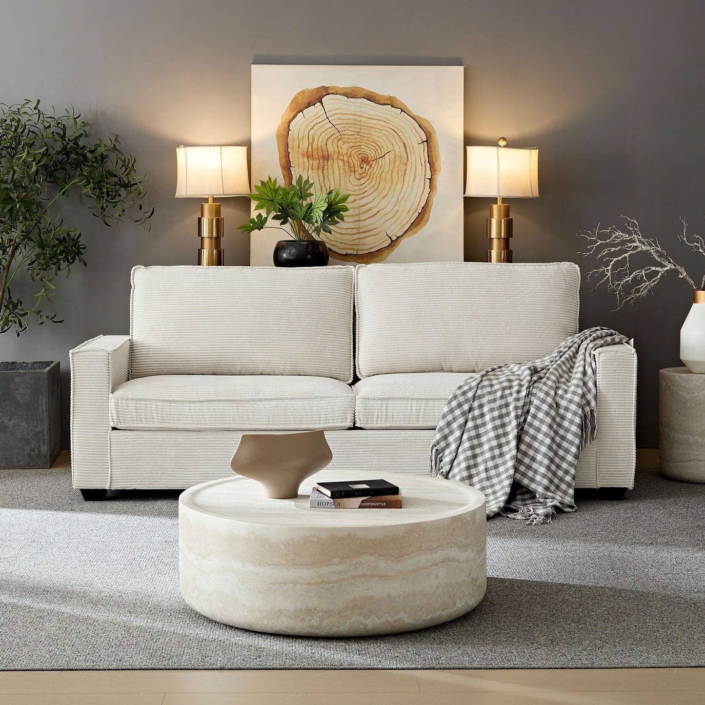Beige Modern 87.4 Corduroy 3-seater Deep Seat Sofa with Cup Holder and Storage Bags for Living Room