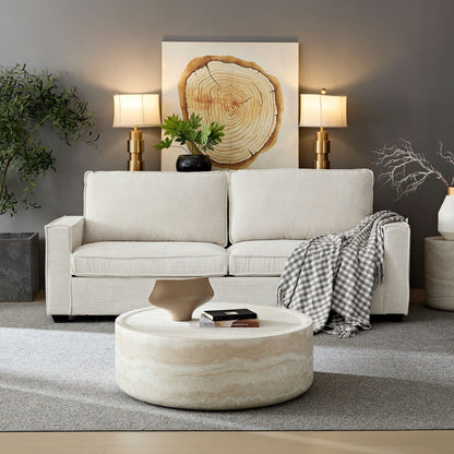Beige Modern 87.4 Corduroy 3-seater Deep Seat Sofa with Cup Holder and Storage Bags for Living Room