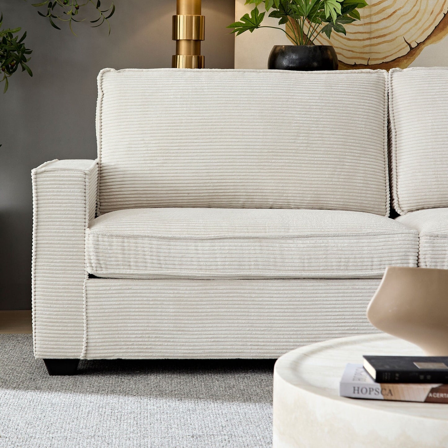 Beige Modern 87.4 Corduroy 3-seater Deep Seat Sofa with Cup Holder and Storage Bags for Living Room